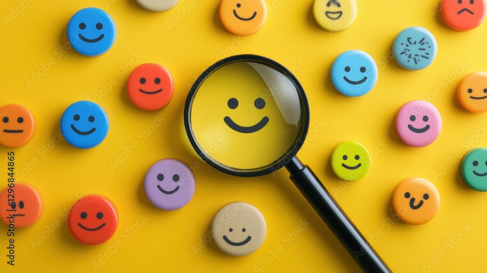 Aufkleber Magnifying glass highlighting a smiley face among various colorful smiley buttons on a bright yellow background. Generative AI