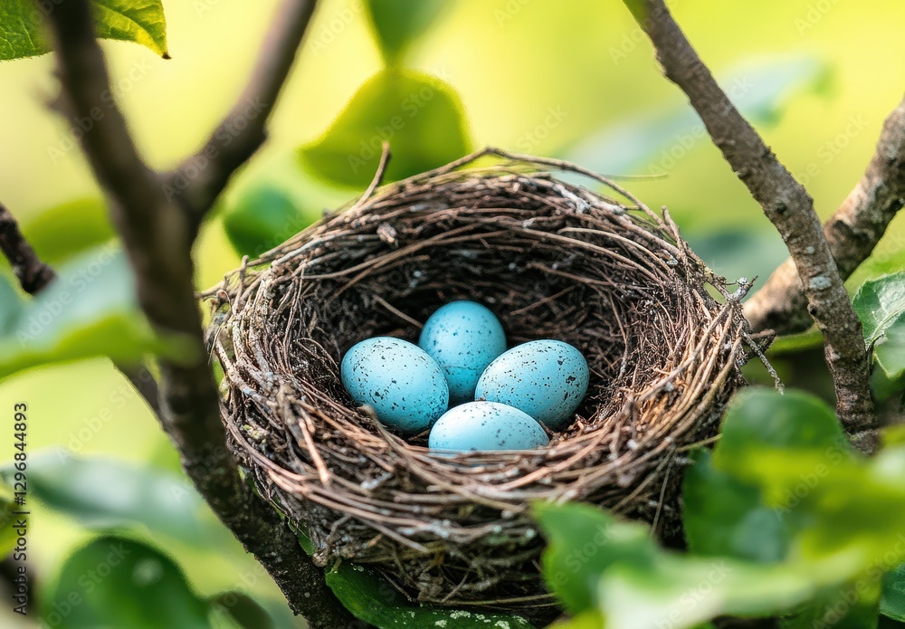 Poster beautiful blue eggs in a nest surrounded by green leaves in a natural setting captured in soft focus