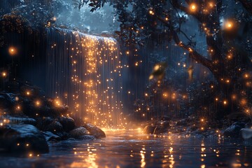 Magical Waterfall Illuminated by Lights Flowing Into River at Night