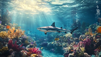 Vibrant underwater scene with a shark gliding amidst colorful coral reefs and marine life