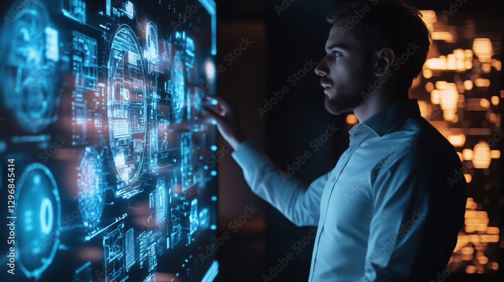 Poster man interacting with a digital holographic interface