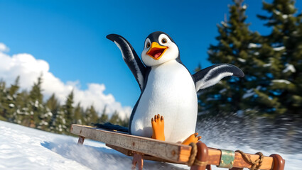 a joyful penguin riding a sleigh on the snow