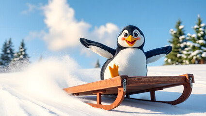 a joyful penguin riding a sleigh on the snow