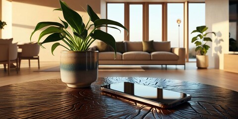 Fototapeta premium Serene Modern Living Room: Sunlight streams through large windows, illuminating a sleek phone and a vibrant plant on a rustic wooden table.