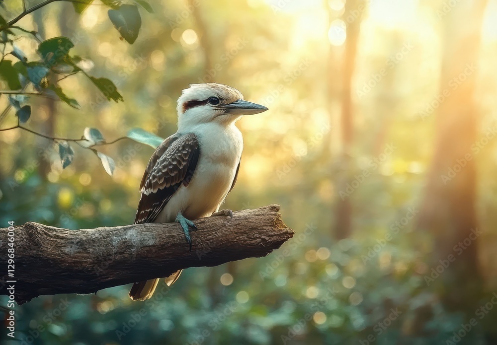 Poster beautiful kookaburra perched on a branch in a serene forest setting illuminated by soft sunlight bea