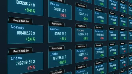 Investment, local portfolios of different countries like Norway, France, China, Italy, Brazil. Stock market, market research, data, portfolio management, trading, waelth, business. 3D animation - Powered by Adobe