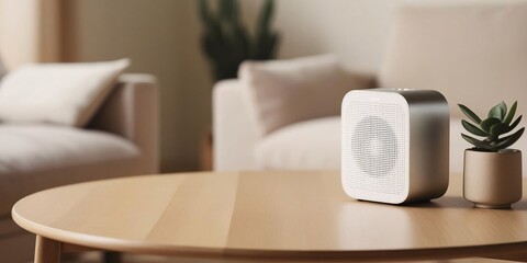 Serene Sounds: A minimalist speaker rests on a light wood table, nestled in a softly lit, tranquil living room.  Enjoy the calm ambiance.