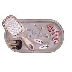 Watercolor illustrations of hairpins and hair items. Hand-drawn set of isolated clip art on a white background. Bright and stylish pictures of realistic hairpins and hair care devices for textiles
