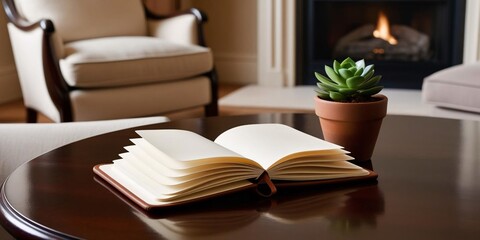 Open Notebook, Succulent Plant, Fireplace Glow: A Peaceful Home Interior Scene.  Warm colors and soft lighting create a tranquil atmosphere.