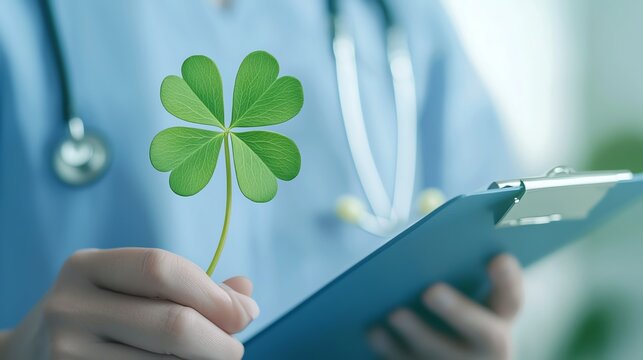 A healthcare professional holding a four-leaf clover, symbolizing luck and well-being in patient care and practices.