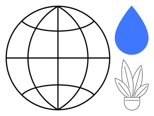 Globe with gridlines, blue water droplet, and potted plant. Ideal for global environment, sustainability, nature conservation, water resources, ecology education, ecofriendly initiatives abstract