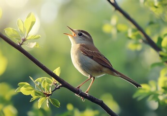 Obraz premium Beautiful singing bird perched on branch surrounded by lush green leaves in natural habitat, singing joyfully in the early morning sunlight