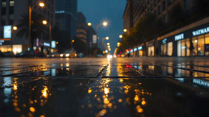 night view of the city street after the rain, where puddles formed on the streets reflect the soft glow of streetlight