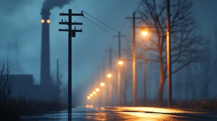 A moody, foggy street scene featuring industrial smokestacks, glowing streetlights, and reflections on wet pavement at night.