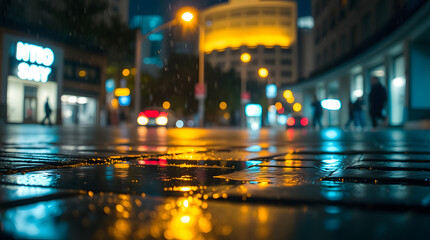 night view of the city street after the rain, where puddles formed on the streets reflect the soft glow of streetlight