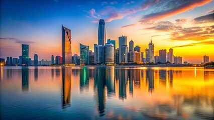 Obraz premium Stunning Abu Dhabi Skyline at Dawn, Cityscape with Copy Space for Text