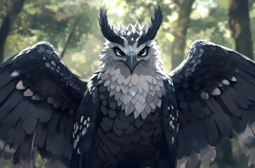 Fototapeta premium Majestic cartoon owl perched in a vibrant forest, showcasing intricate feather details and striking eyes, blending realism with fantasy elements