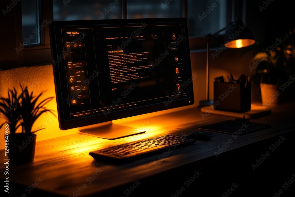 Poster modern workspace with illuminated desk and computer at night