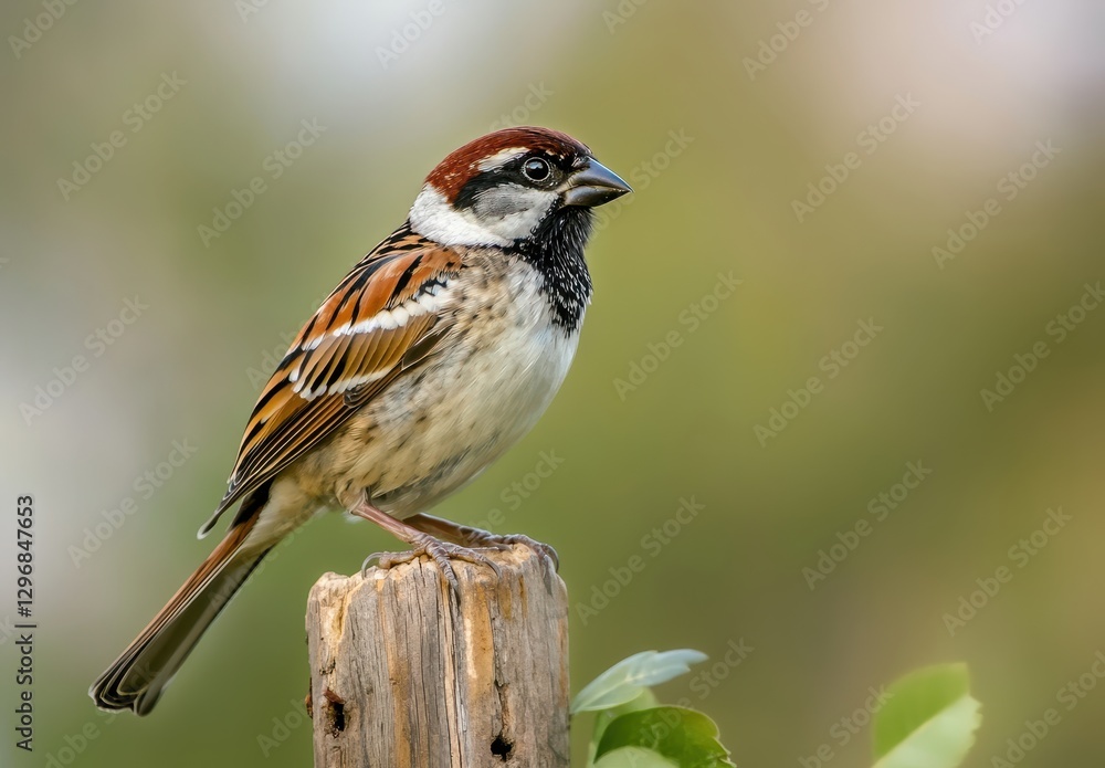 Poster beautiful sparrow perched on a wooden post with soft blurred background in nature setting, showcasin