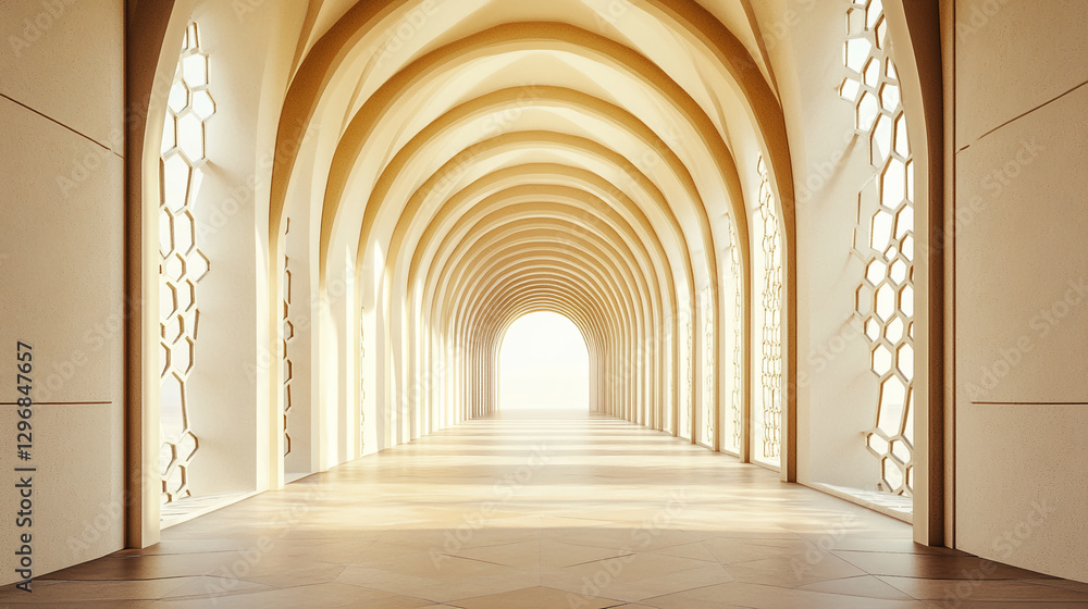Poster a long corridor with elegant arches and intricate patterned windows casting soft light, creating a t