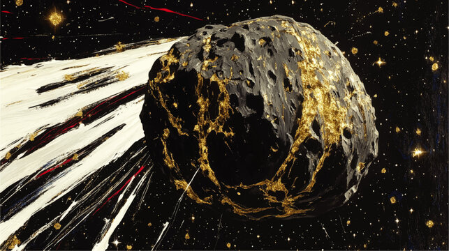 Stunning Vector Illustration of a Cosmic Asteroid with Golden Accents Against a Starry Galaxy Backdrop – Space Art for Astronomy and Sci-Fi Enthusiasts