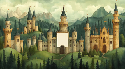 Majestic Fantasy Castle Vector Art Illustrating Medieval Architecture Amidst Serene Lush Green Landscapes and Majestic Mountains for Digital Designs and Prints