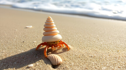 a small hermit crab carefully stacking seashells on a sandy beach