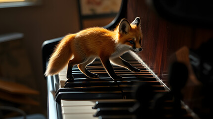 a cute fox gracefully walking across the keys of a grand piano