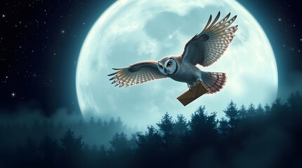 an owl flying through the night sky, carrying a sealed letter in its beak