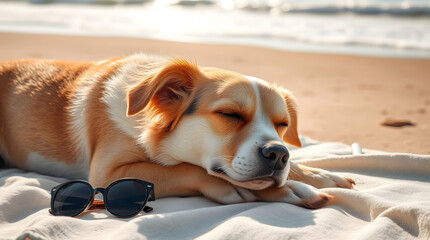 A relaxed dog basking in the warm sunlight, lying on a soft beach towel with its eyes half-closed