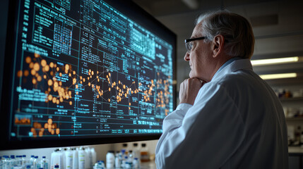 Elderly caucasian man analyzing data on large screen in laboratory setting