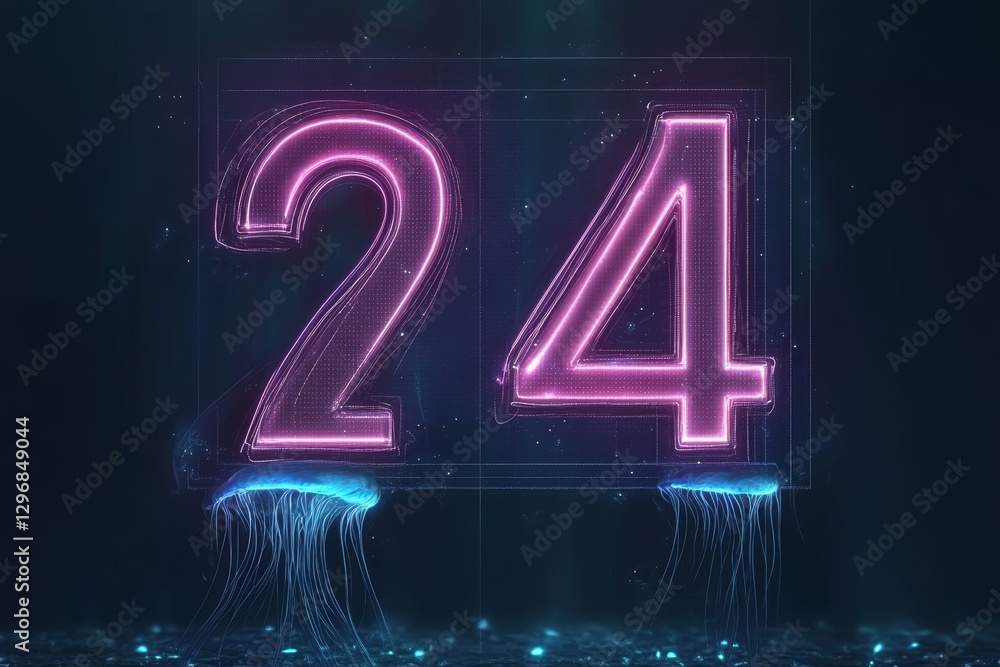 Poster neon digital display with jellyfish and glowing number twenty-four
