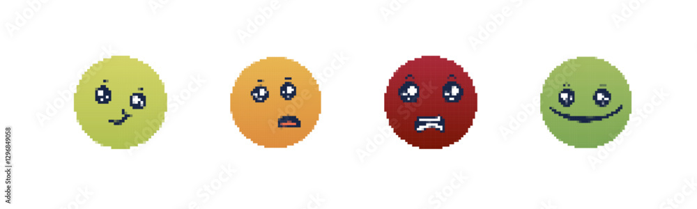 Poster four pixel art emojis display different emotions through simple expressions and vibrant colors.