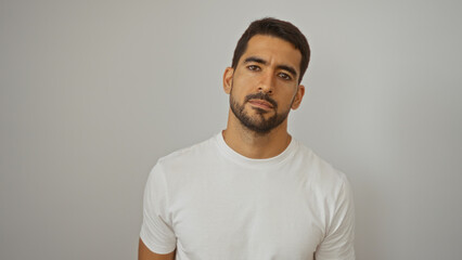Young hispanic man with beard poses against isolated white background appearing confident and attractive in a simple setting.