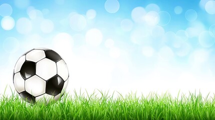 Soccer ball on grass, bright sky, sports background, peaceful