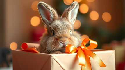 a cute brown rabbit sitting in a gift box