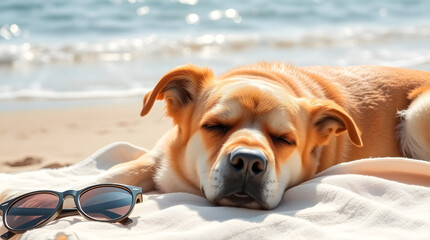 A relaxed dog basking in the warm sunlight, lying on a soft beach towel with its eyes half-closed
