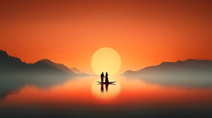 Silhouetted couple holding hands against a tranquil glowing sunset landscape with a serene reflective body of water  A peaceful romantic scene conveying harmony
