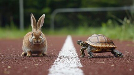 A motivational image: a rabbit looking confused as a determined turtle crosses the finish line first