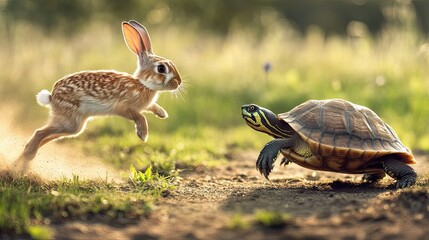 A motivational sports-style race where a rabbit sprints ahead while a turtle advances step by step.