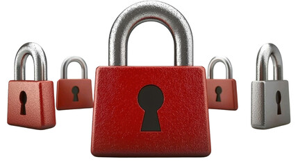 Metallic red and chrome padlocks symbolizing secure protection privacy and restricted access  The image depicts a set of various sized locked padlocks conveying the concept of security