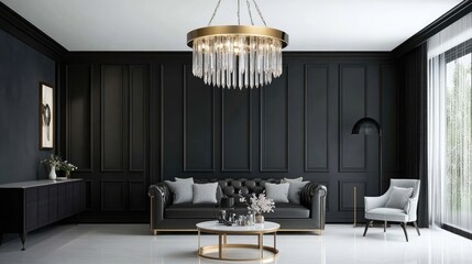 Dramatic chandelier with cascading crystal accents, creating a luxurious ambiance in a grand living area.