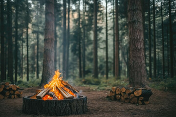 Beautiful bonfire with burning firewood in forest. Space for text