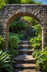 Obraz premium Original name(s): stone archway leading into a hidden, verdant garden with a bubbling fountain, captured with soft, diffused light to create a sense of mystery and tranquility, evoking the feeling of 