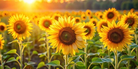 Obraz premium Golden petals unfurl like miniature rays of sunshine as a sea of tall sunflowers stand upright in the lush green grass, swaying gently in the breeze , field, sunflowers