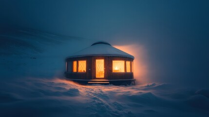 A wooden yurt enveloped in thick, swirling snow during a winter storm. Inside, warm golden light and the soft crackle of a fireplace create a sharp contrast to the icy chaos outside.