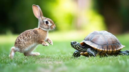 A rabbit hopping excitedly while a slow-moving turtle inches forward on a grassy track.