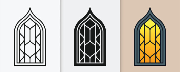 Islamic window outline and silhouette icon set with isolated flat vector illustration for eid celebration