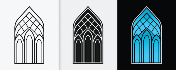 Islamic window outline and silhouette icon set with isolated flat vector illustration for eid celebration