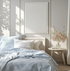 Serene Minimalist Bedroom Interior Design with Light Blue Bedding and Sunlight